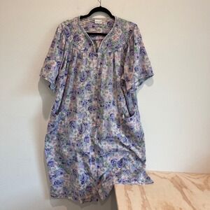 Coffee Time Floral House Dress Purple Pink Quilted Yoke Snap Front Duster L/XL